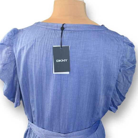 DKNY Dress Blue Chambray Front Button Vneck Short Puff Sleeve Midi Size 16 - Picture 6 of 10